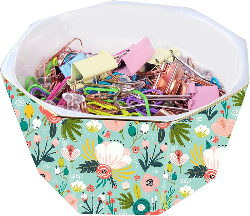 LEAZUL Ceramic Paper Clip Holder With Gold Line Geometric Floral Paper Clip Dispenser for Desk Cute Paper Clip Organizer Office Binder Clip Holder Gift for Office Mint Flowers - Image 1